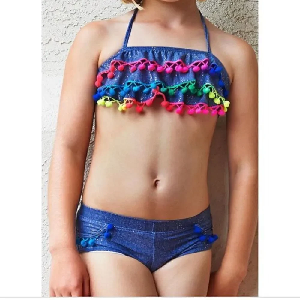 New. Pilyq denim sparkly Pom Pom bikini.